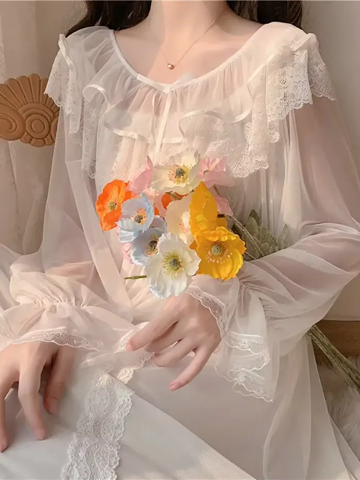 Femmes volants Vintage chemises de nuit Lolita pyjama princesse blanc dentelle maille fée robe de nuit victorienne chemise de nuit vêtements de détente