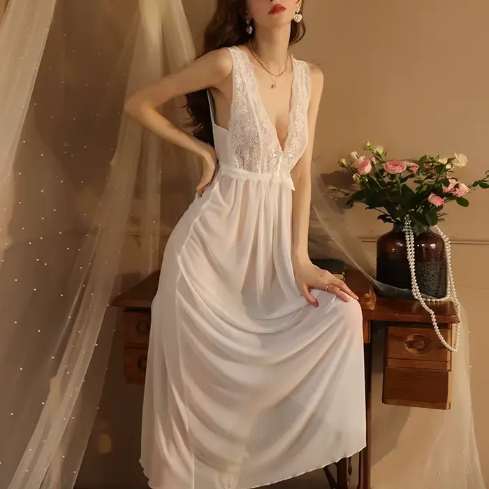 Noční košilka pro svatbu dlouhá z krajky, věkemová elegantní noční košile, noční košile s nízkým výstřihem, oblečení na spaní z vlákna