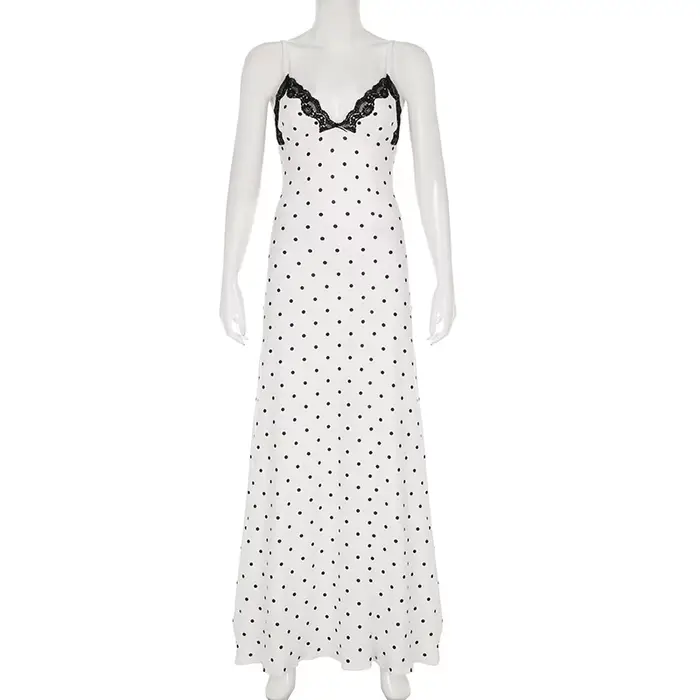 Tornova Sexy col en v à pois robe à bretelles pour les femmes mince français rétro dentelle épissure