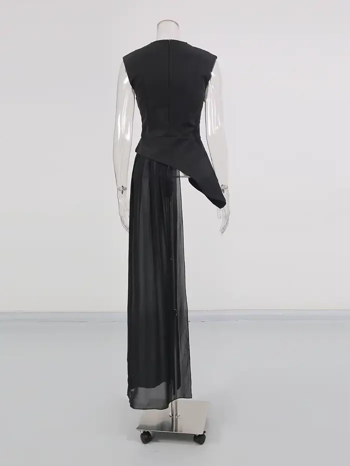 TWOTWINSTYLE pevný ztenčující spletený skládaný Nepravidelné halenky pro ženy kulatý výstřih bez rukávů vysoký pas dlouhé B