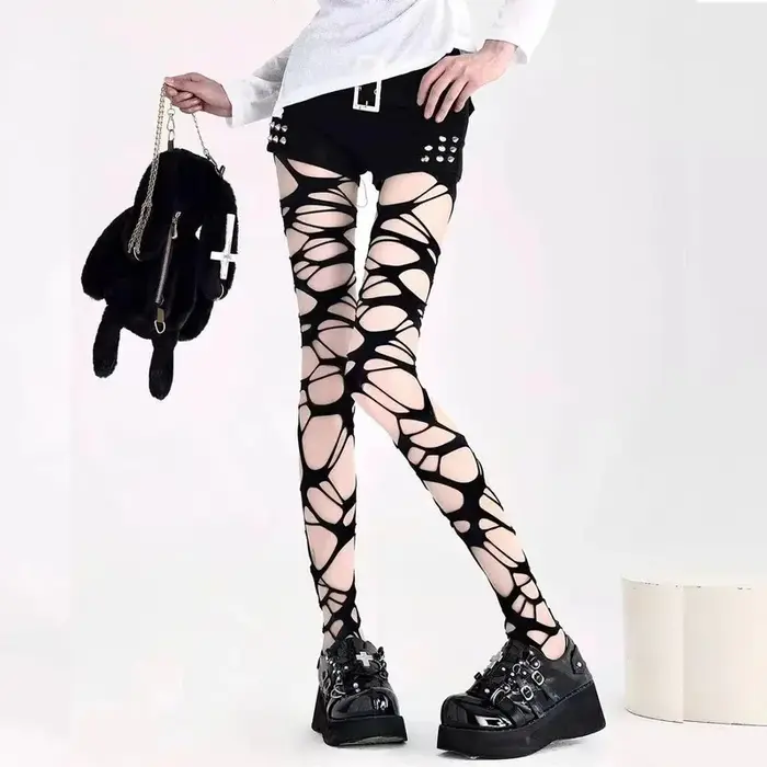 Sexy černé roztrhané síťované punčocháče pro ženy, gotické punkové prolamování, těsné síťované dna, legíny styl emo egirl streetwear