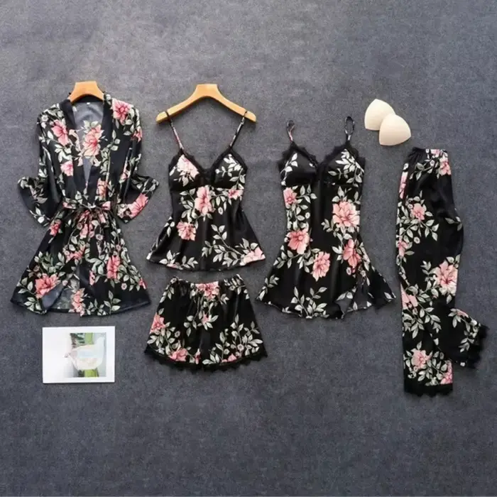 Pyjamas pour femmes 2026 – Ensemble sexy cinq pièces d'été avec bretelles, pyjama pour femme, tenue d'intérieur avec coussinet de poitrine et peignoir