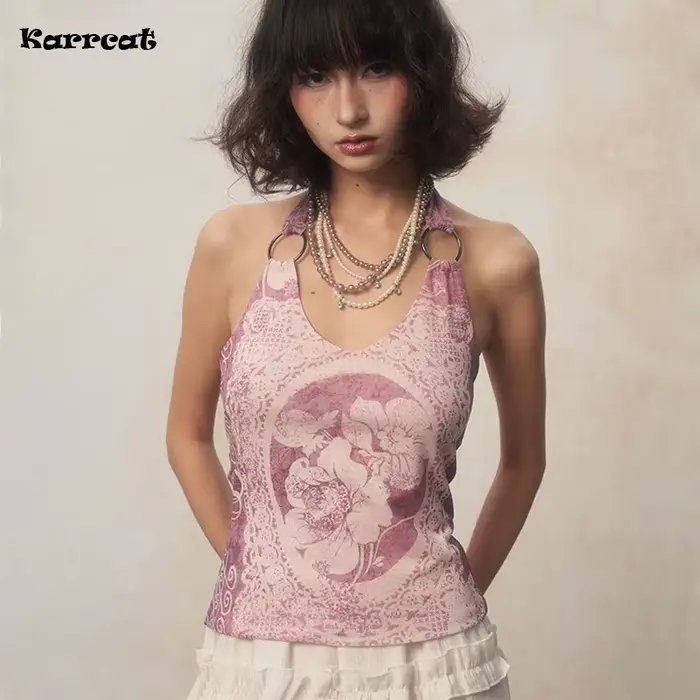 Karrcat-Camisole à imprimé fleuri rétro des années 2000, haut violet précieux, licou japonais Y2k, e