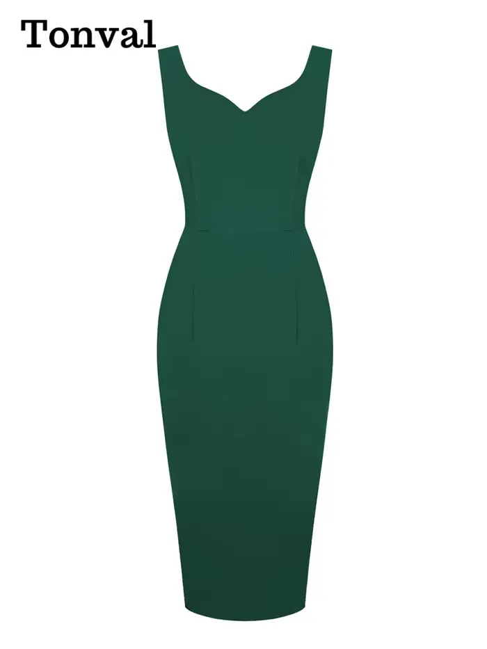 Tonval – robe crayon mi-longue pour femmes, col en cœur, sans manches, bureau, Vintage, rouge, coule