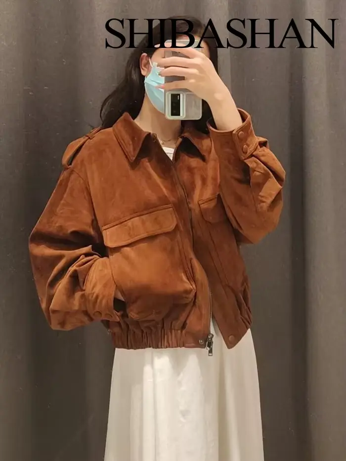 HH femmes 2025 automne mode polyvalent daim revers à manches longues manteau femme haute rue ample d