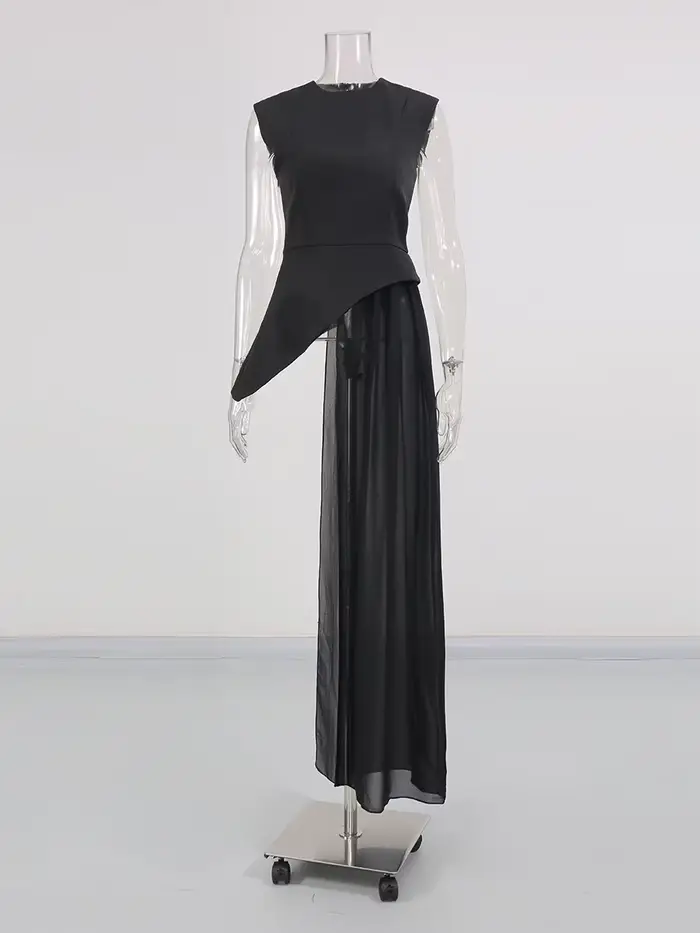 TWOTWINSTYLE pevný ztenčující spletený skládaný Nepravidelné halenky pro ženy kulatý výstřih bez rukávů vysoký pas dlouhé B