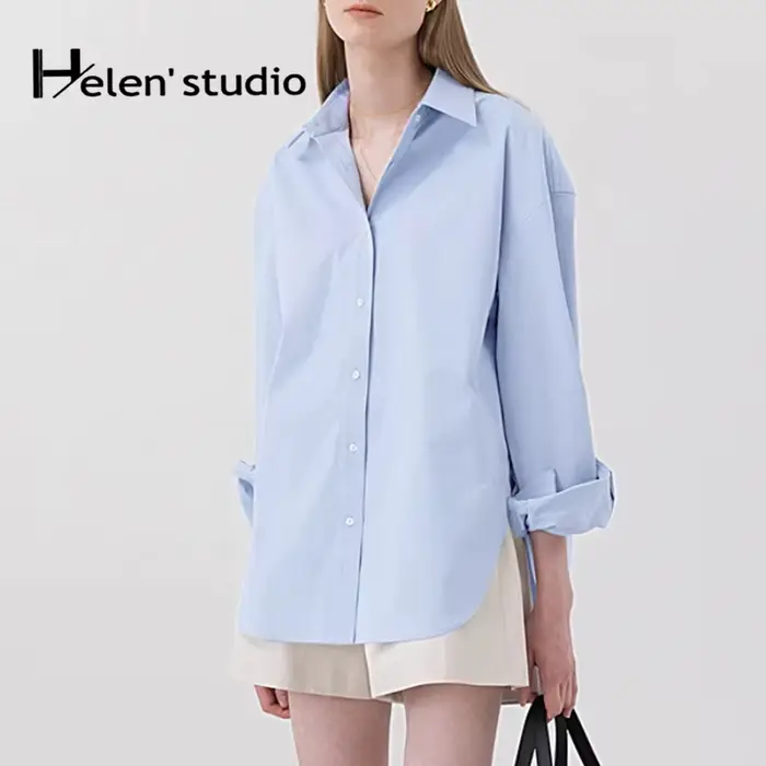 Chemise ample 100% coton pour femme, élégante et décontractée, col rabattu, manches longues