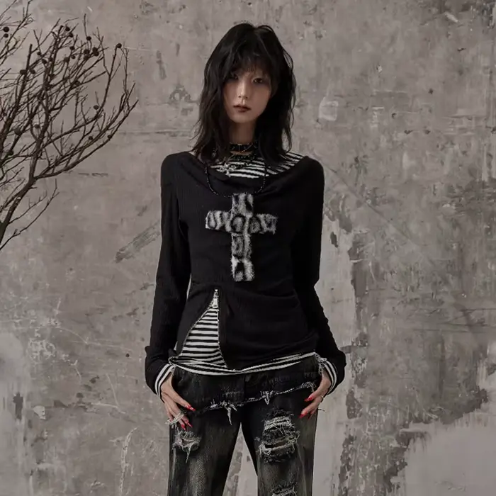Karrcat Grunge esthétique faux deux pièces hauts Trashy Y2k à manches longues tricoté hauts Wastelan
