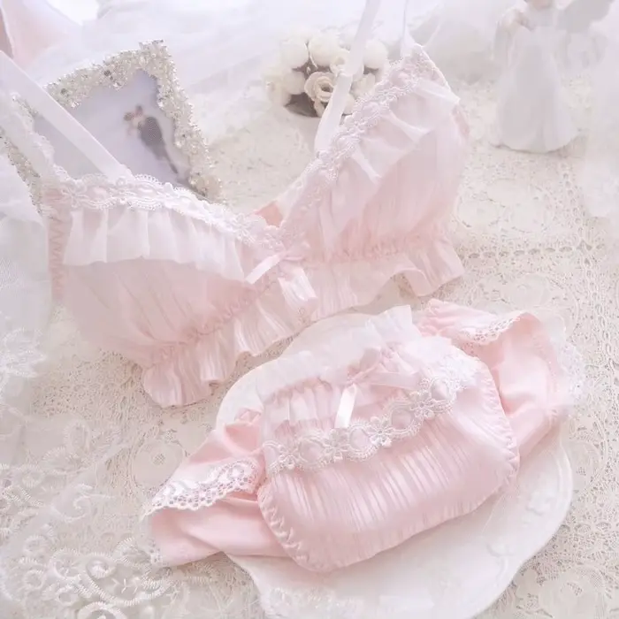Kawaii sous-vêtements soutien-gorge confortable ensemble de Bikini Lolita fille mignon arc soutien-gorge et culotte ensemble de Lingerie soutiens-gorge slips femmes soutien-gorge et culotte ensemble