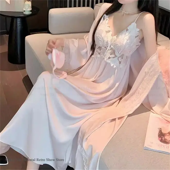 Elegantní dlouhá žena šaty sada hedvábná noční košile led hedvábí noční prádlo domácí oblečení SEXY duté ven krajka noční košile spodní prádlo ležérní oblečení