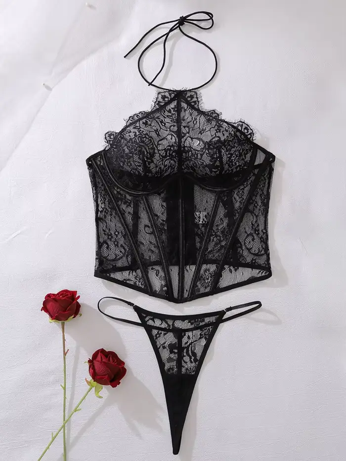 Belamimi Sexy spodní prádlo set pro ženy, podprsenka a korzet s krajkovými řasami, nízký střih, hubnutí, 2 kusy