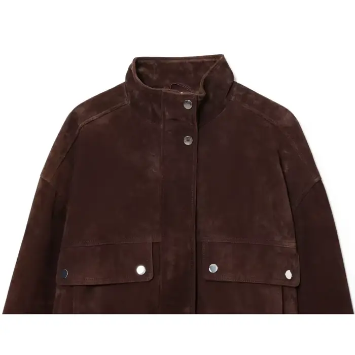 Femmes veste en cuir suédé avec poches automne mode col haut à manches longues bouton veste dame man