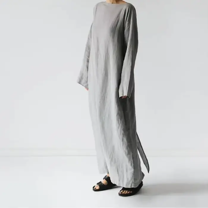 Robe longue décontractée en coton pour femmes, col rond, manches longues, gris uni, plis de document