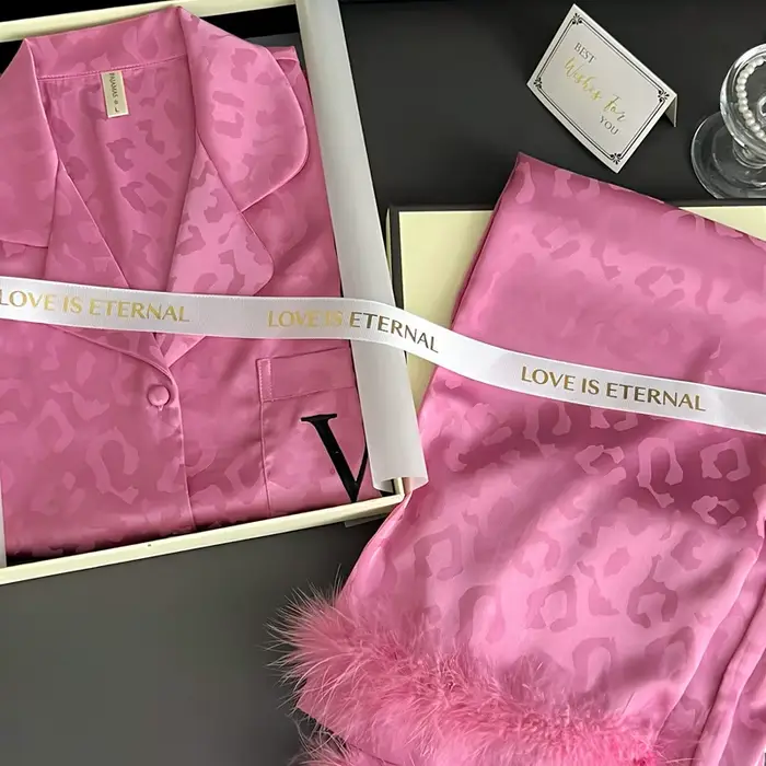 Pyžama potisk Leopard Luxusní dámská košile Kalhoty satén Silky Home Comfort Zvláštní příležitosti