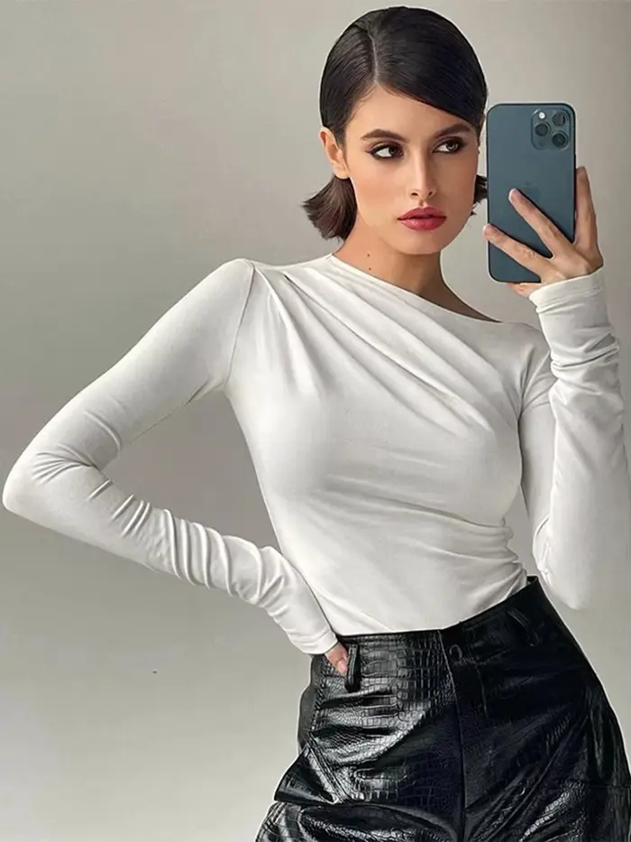 Haut à manches longues blanc T-Shirts femmes basique haut court automne Pollover solide col incliné 