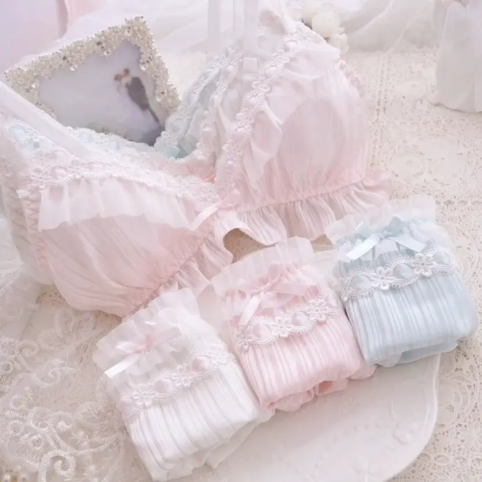 Kawaii sous-vêtements soutien-gorge confortable ensemble de Bikini Lolita fille mignon arc soutien-gorge et culotte ensemble de Lingerie soutiens-gorge slips femmes soutien-gorge et culotte ensemble