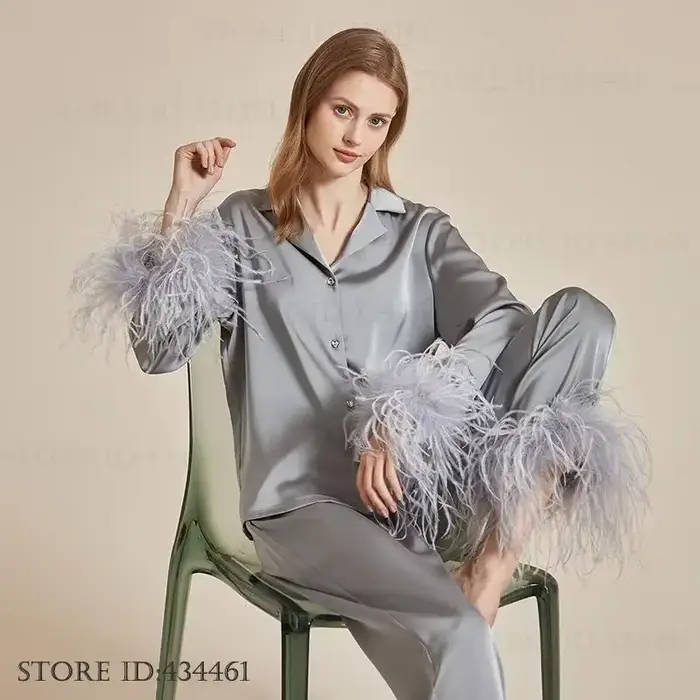 luxusní peří pyžama sada relaxační oblečení móda dáma noční prádlo pijamas oblek elegantní hedvábí satén noční pyžama nová domácí oblečení