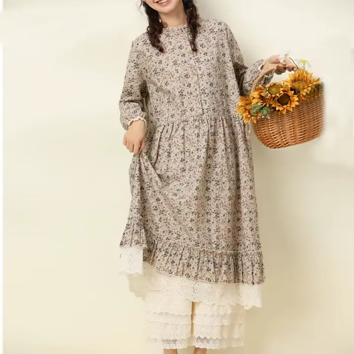 JohmobJapanese-Robe vintage en coton et lin pour femme, imprimé patchwork, en dentelle, avec poches,