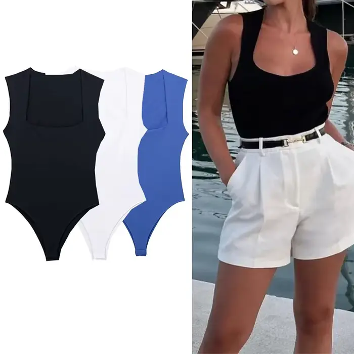 MUJER 2025 noir femme corps col carré sans manches Body femmes bleu blanc Sexy serré Body Lingerie m