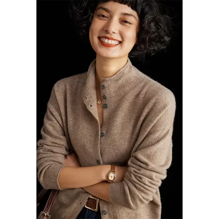 Cardigan en laine pour femmes, coupe cintrée, col Semi-haut, couleur unie, manches longues, pull tri
