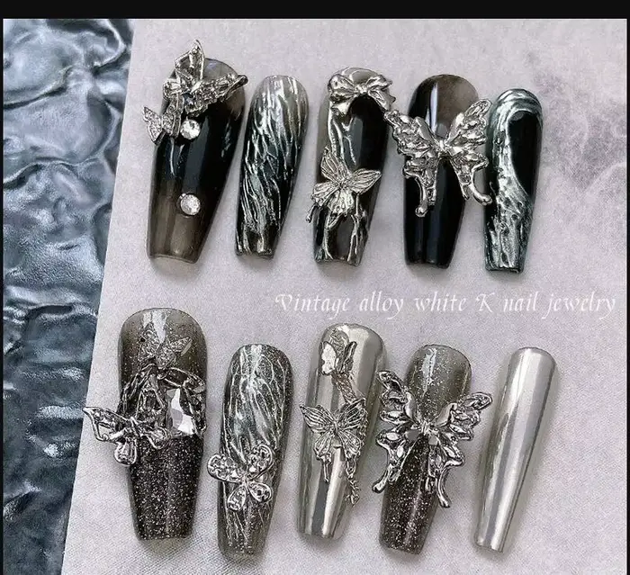 Breloques pour ongles rétro en alliage d'argent, 50 pièces, ruban de luxe, ailes de papillon Y2K, st