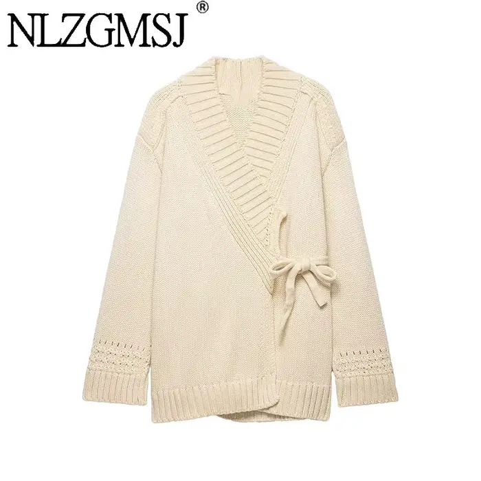 NLZGMSJ Cardigan Femme 2026 Printemps Épais Manches Longues Irrégulier à Nouer Ample Tricoté Manteau