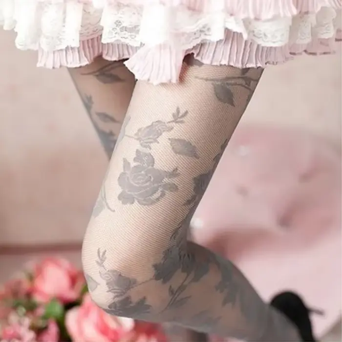Sexy Rose Collants Femmes Collant Femme Mince Transparent Collants Évider Tatouage Collants Collant Femme Medias Fantaisie Bonneterie