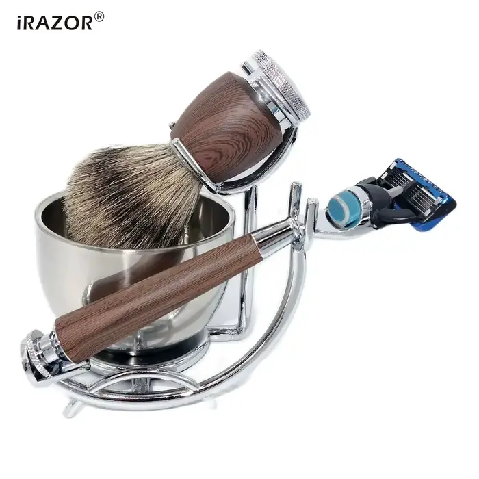 IRAZOR-Kit de rasage professionnel KT5 avec brosse blaireau naturelle, rasoir RosFrederick Mars étan