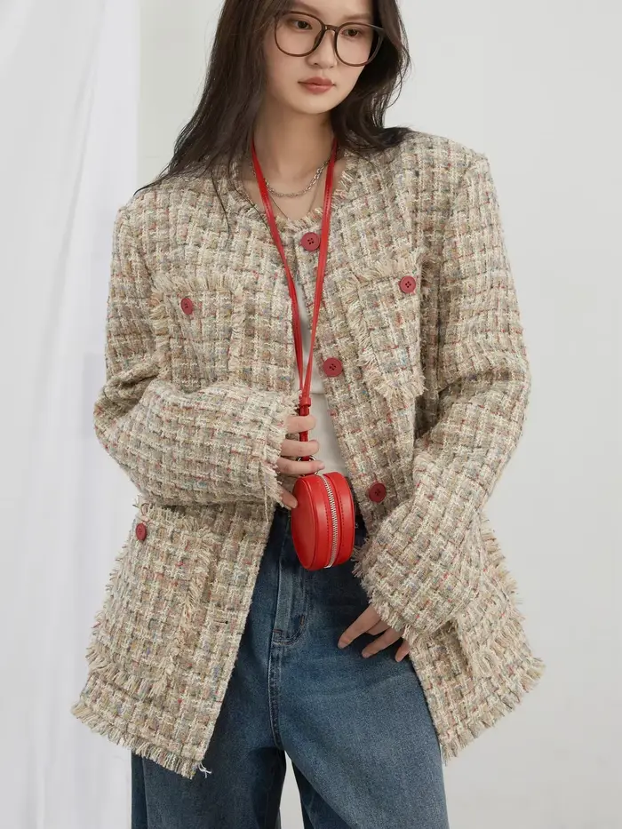 CHIC VEN-Manteau à simple boutonnage pour femme, veste rétro adt, design à bord effiloché, haut fémi