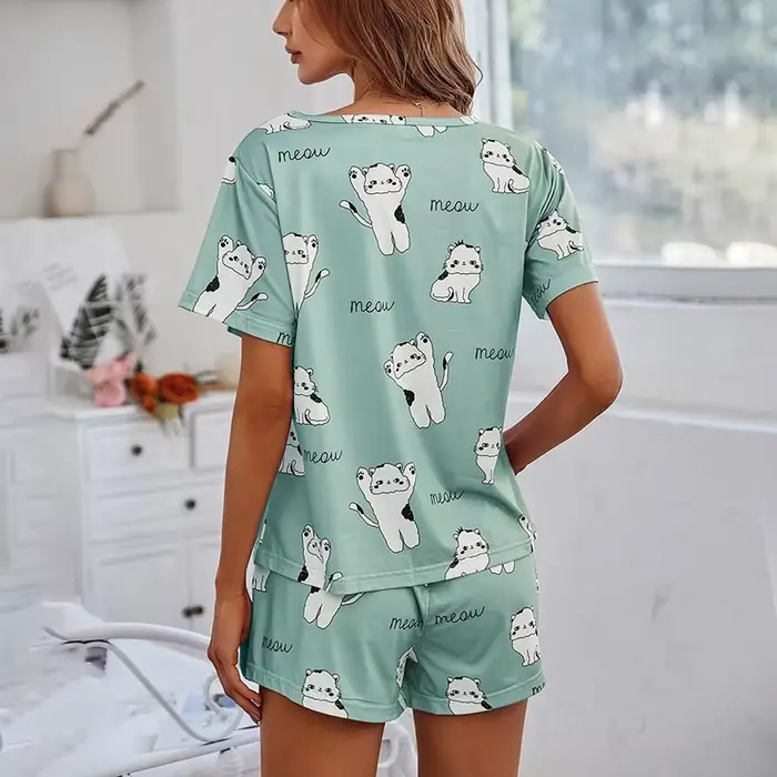 potisk Cat kreslený pyžamový set pro ženy, krátký rukáv Top a šortky, měkké a pohodlné oblečení na spaní, domácí pyžamové sety, roztomilý, léto