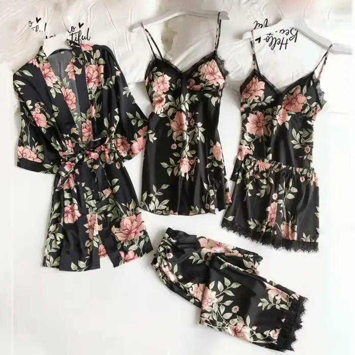 Pyjamas pour femmes 2026 – Ensemble sexy cinq pièces d'été avec bretelles, pyjama pour femme, tenue d'intérieur avec coussinet de poitrine et peignoir