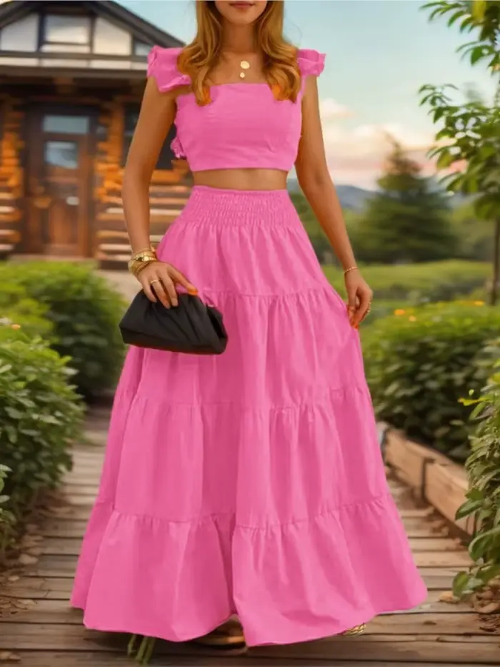 Ensemble de deux pièces en polyester uni pour femmes, style bureau dame, col carré, robe trapèze et haut à bretelles pour l'été, occasions spéciales