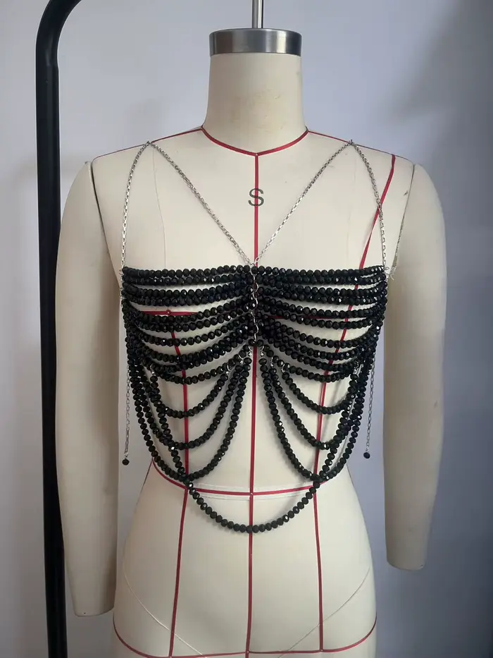 Style européen noir multicouche perlé hauts de soutien-gorge chaîne de corps Camis boîte de nuit Cos