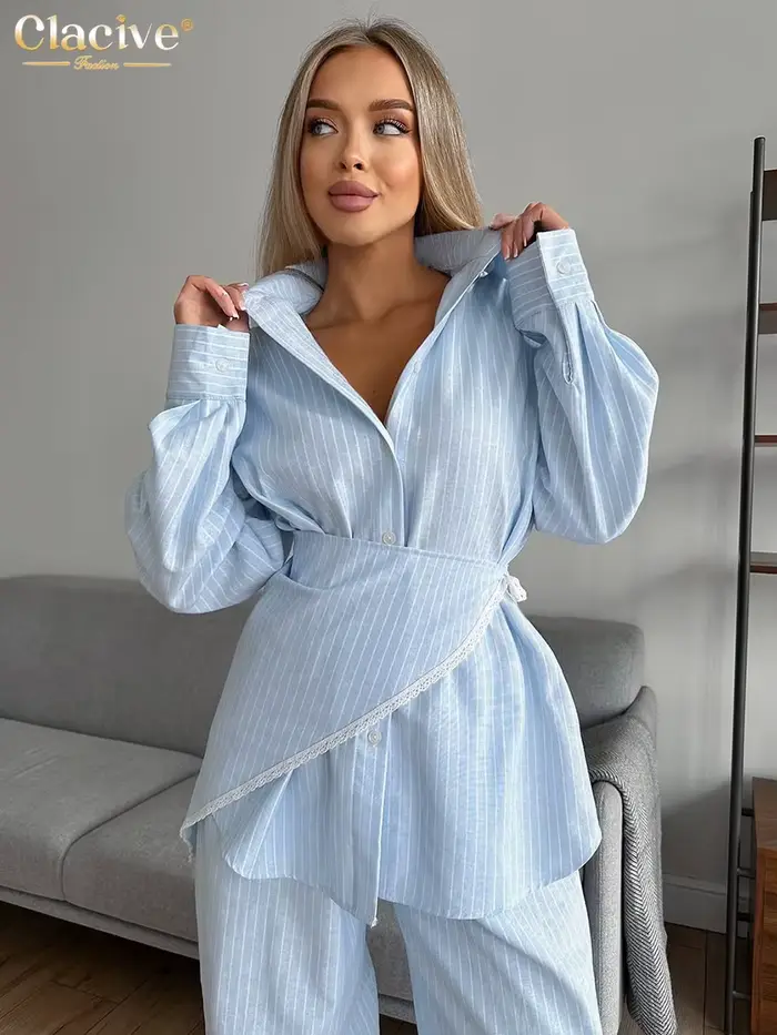 Clacive – ensemble 3 pièces ample à rayures bleues pour femmes, chemise élégante à manches longues +