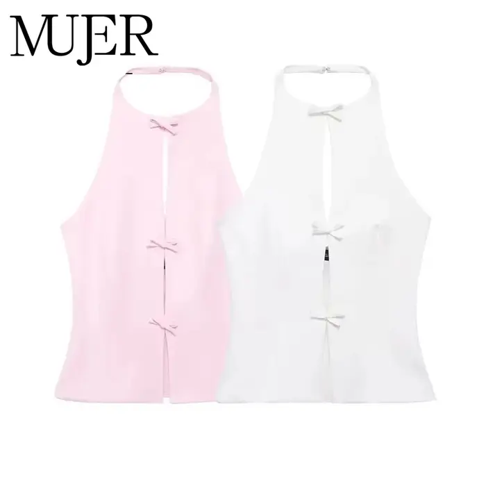 MUJER 2025 épaules dénudées haut à licou femme rose blanc haut court femmes nœud découpé sans manche