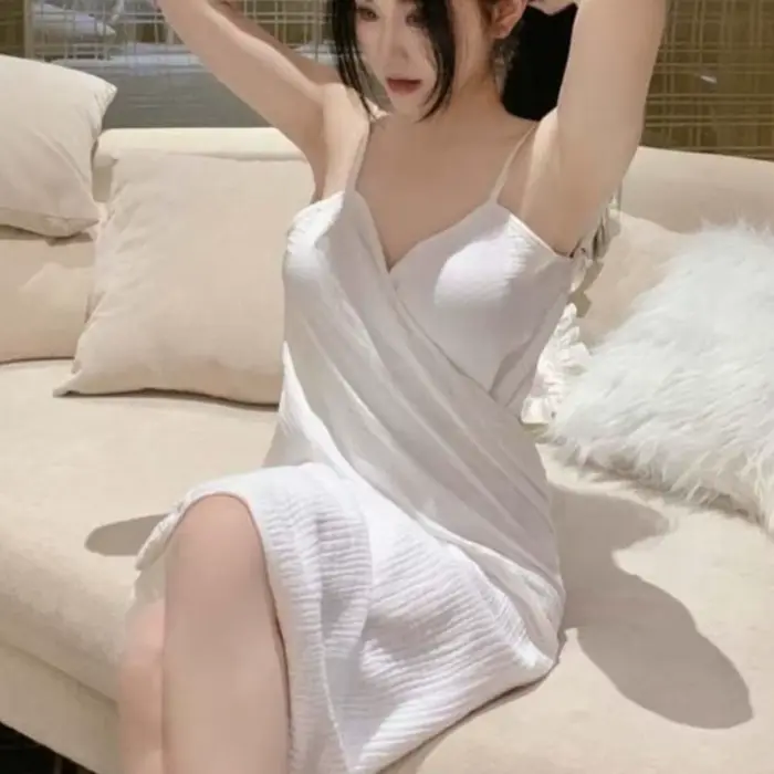 Robe de nuit en coton doux à bretelles, dos nu, blanche, serviette de bain pour femme, fine, à bretelles portables, vêtements de nuit pour femme