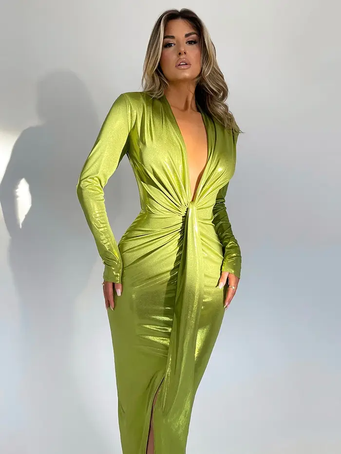 Articat Sexy V profond à manches longues à lacets robe plissée pour les femmes moulante fendu couleu