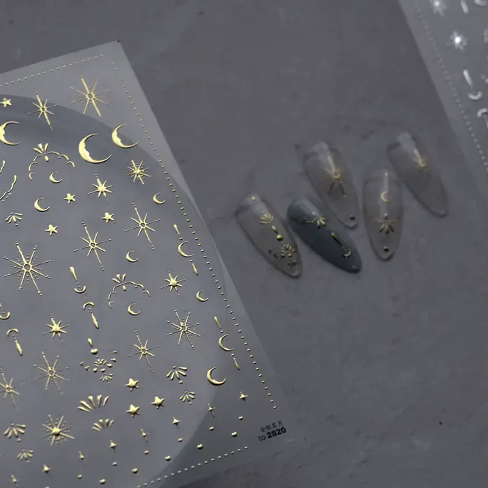 Autocollant 3D doré soleil/lune/étoile bronzant pour Nail Art, 8x10cm, Laser étoile lune, décalcoman