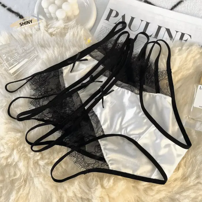 Culottes taille basse pour femmes en lingerie en dentelle douce avec nœud, maille ajourée, satin de soie transparent, pour occasions spéciales et romantiques ```