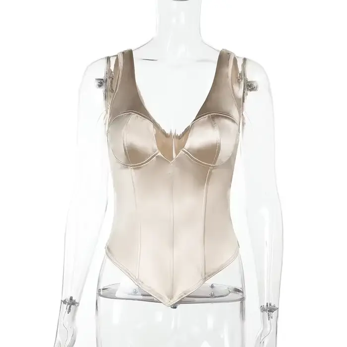 Débardeur Femme en Satin Champagne, Col en V, Style Corset, Sexy, Sans Manches, Dos Nu, Coupe Ajusté