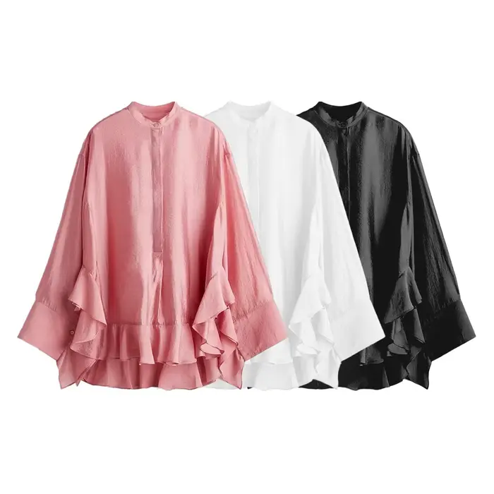Chemise à volants rose douce et à la mode pour femmes, vêtements d'automne de style européen et amér