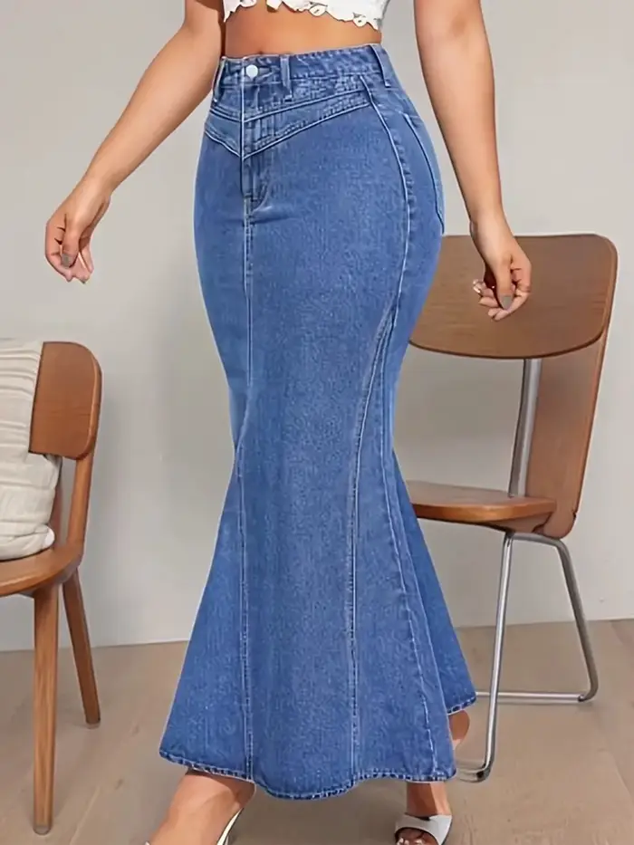 Jupe queue de poisson en jean rétro pour femmes, coupe ajustée, taille moyenne, élastique, demi-jupe
