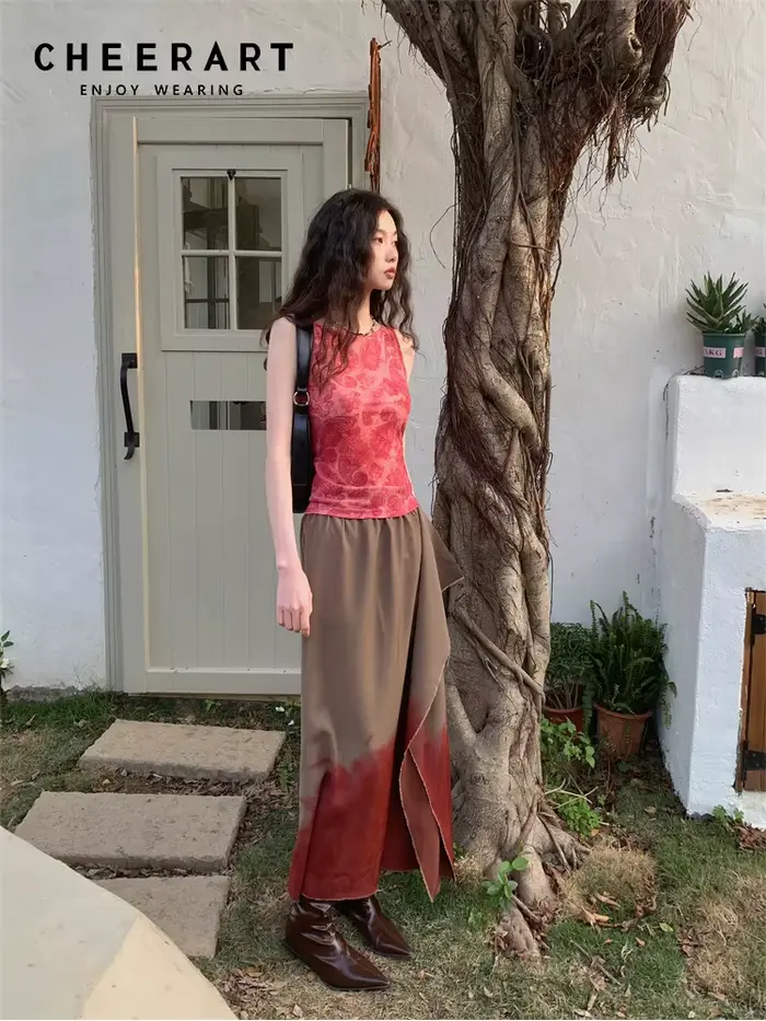 CHEERART Flocage Floral Dos Nu Rouge Débardeur Pour Femmes 2023 Vêtements d'été Haut de gamme Mode F