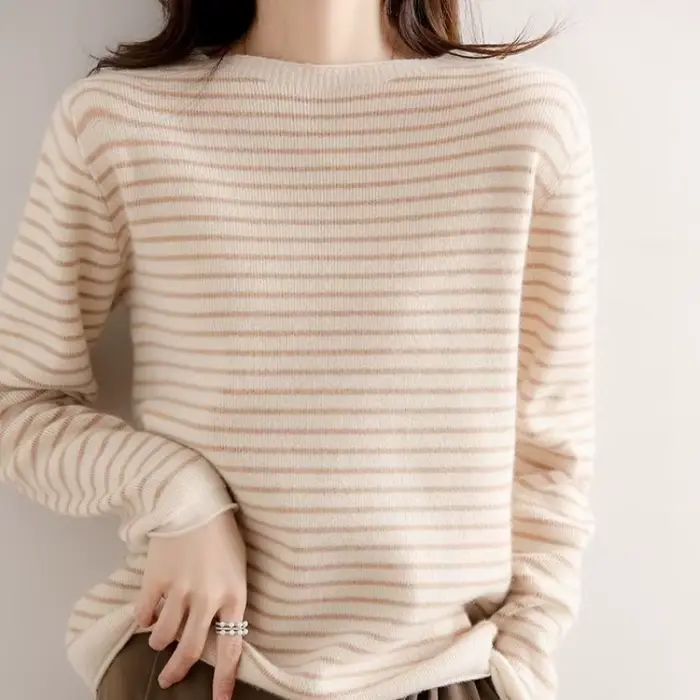Pull décontracté à manches longues pour femmes, pulls rayés à col rond, pull basique, tricots chauds