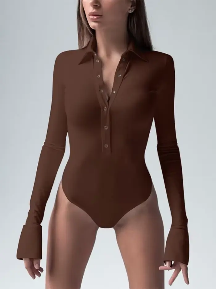 body Jednodílný dlouhý rukáv, turn-down límec, sexy spodní prádlo, dámské topy, stylové oblečení, Bowed Fit