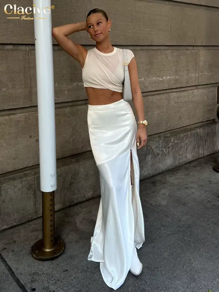 ClacMarkets-Jupe Longue en Satin Blanc pour Femme, Sexy, Mode, Taille Haute, Élégante, Chic, Fente L