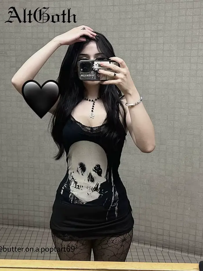 AltGoth Cyber Punk robe gothique femmes Streetwear Harajuku crâne imprimé sans manches taille haute 