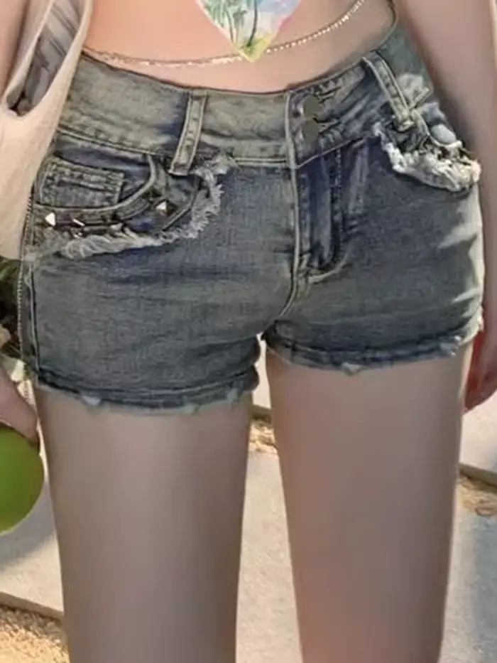 Femmes coréennes rétro Y2k Shorts pantalons dame Vintage haute rue pantalons chauds femme bleu taill