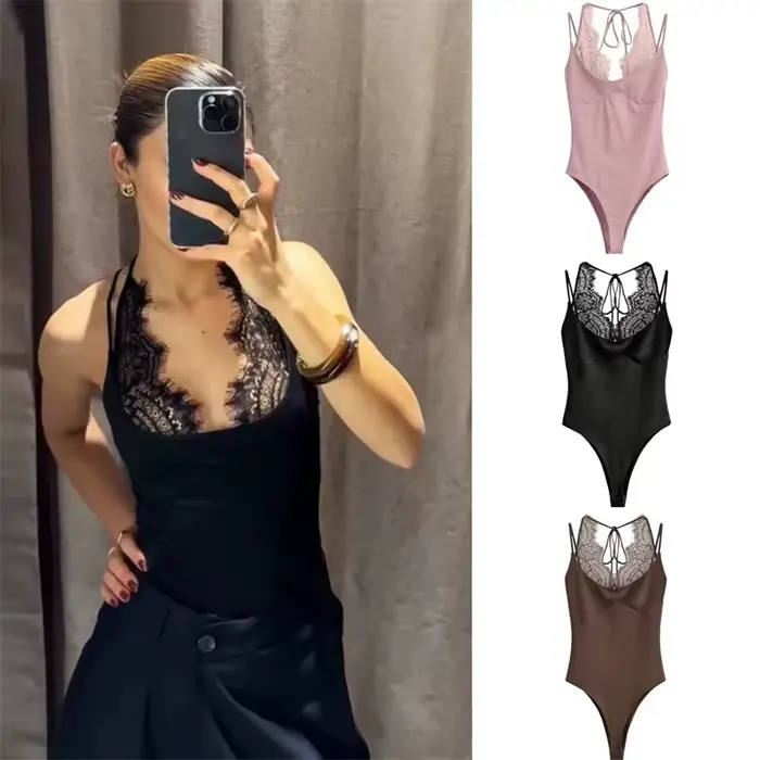 2026 body sexy růžové punčocháče pro ženy, streetwear styl, bez rukávů, krajka patchwork, pro večer, trendy rukáv topy