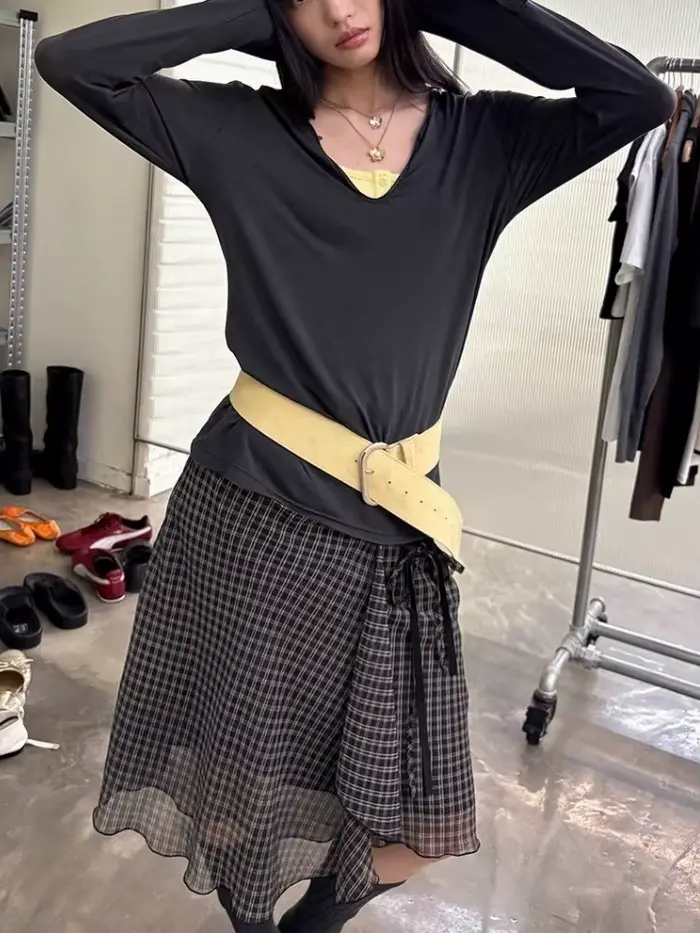 Deeptown Vintage Plaid maille jupes femmes japonais asymétrique mi jupe Y2k Harajuku à lacets jupes